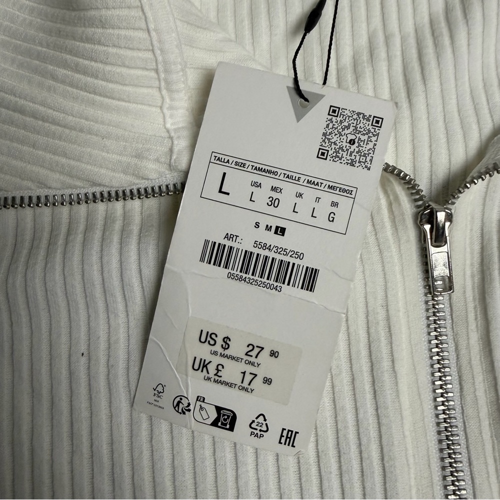 NWT! ZARA Ribbed Knit Off-the-Shoulder Full-Zip Tank Top Size L - Picture 2 of 7
